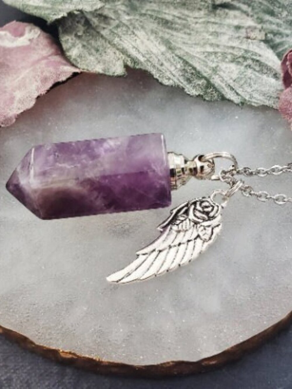 Amethyst Quartz Crystal Vial Perfume Bottle Necklace Angel Wing Rose Charm